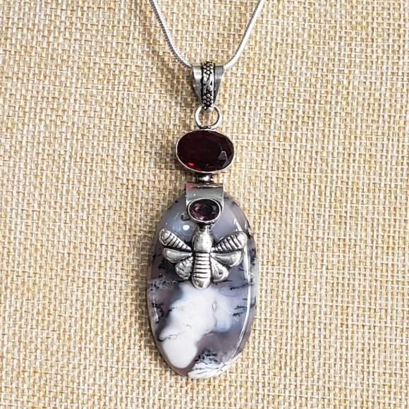 Hand Crafted Jewelry - Garnet necklace, 925 silver dendrite opal garnet butterfly bee pendant necklace